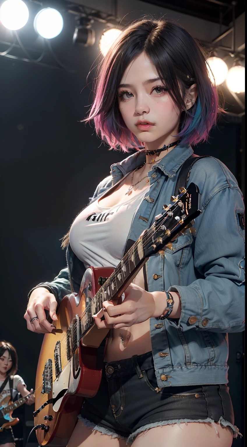 (masutepiece, Best Quality:1.4), (Beautiful, Aesthetic, Perfect, Delicate, Convoluted:1.2), (Cute, Adorable), (depth of fields:1.2), cinema shot, Bokeh, Perfect female shape, (Perfect face, Detailed face, full pouty lips, Glossy lips, makeup, Eyeliner, Expressive eyes), (Natural breasts, big breasts thin waist), (short colorful hair, rainbow hair, hair messy), (Short shorts, Short jacket), Punk rock chicks on stage, (Playing guitar:1.4), Band on background, Classroom, audience, Good hands, Better hands,