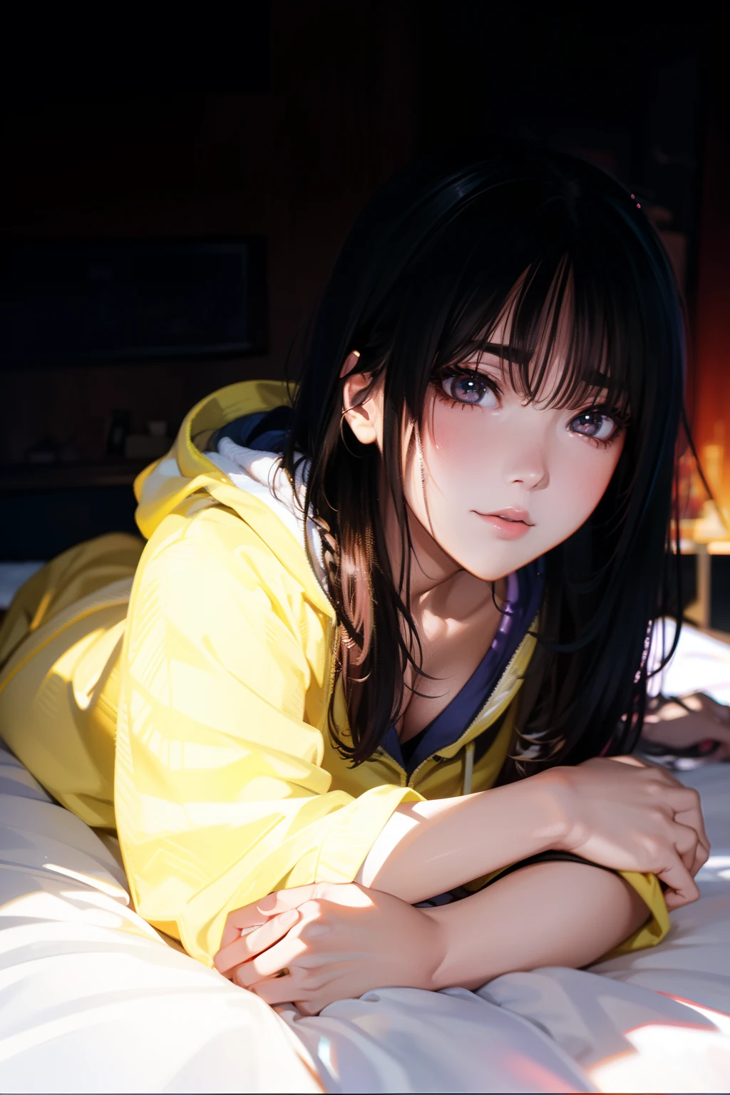 Alafe girl lying on bed on colorful background, artwork in the style of guweiz, guweiz, Cyberpunk Anime Girl, Anime girl cosplay, guweiz on pixiv artstation, sakimichan frank franzzeta, ross tran 8 k, by Yang J, By Russell Dongjun Lu, cyberpunk anime girl in hoodie