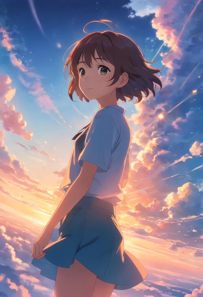 masterpiece, best quality, movie still, 1girl, cloud girl, floating in the sky, close-up, bright, happy, warm soft lighting, sunset, (sparks:0.7)