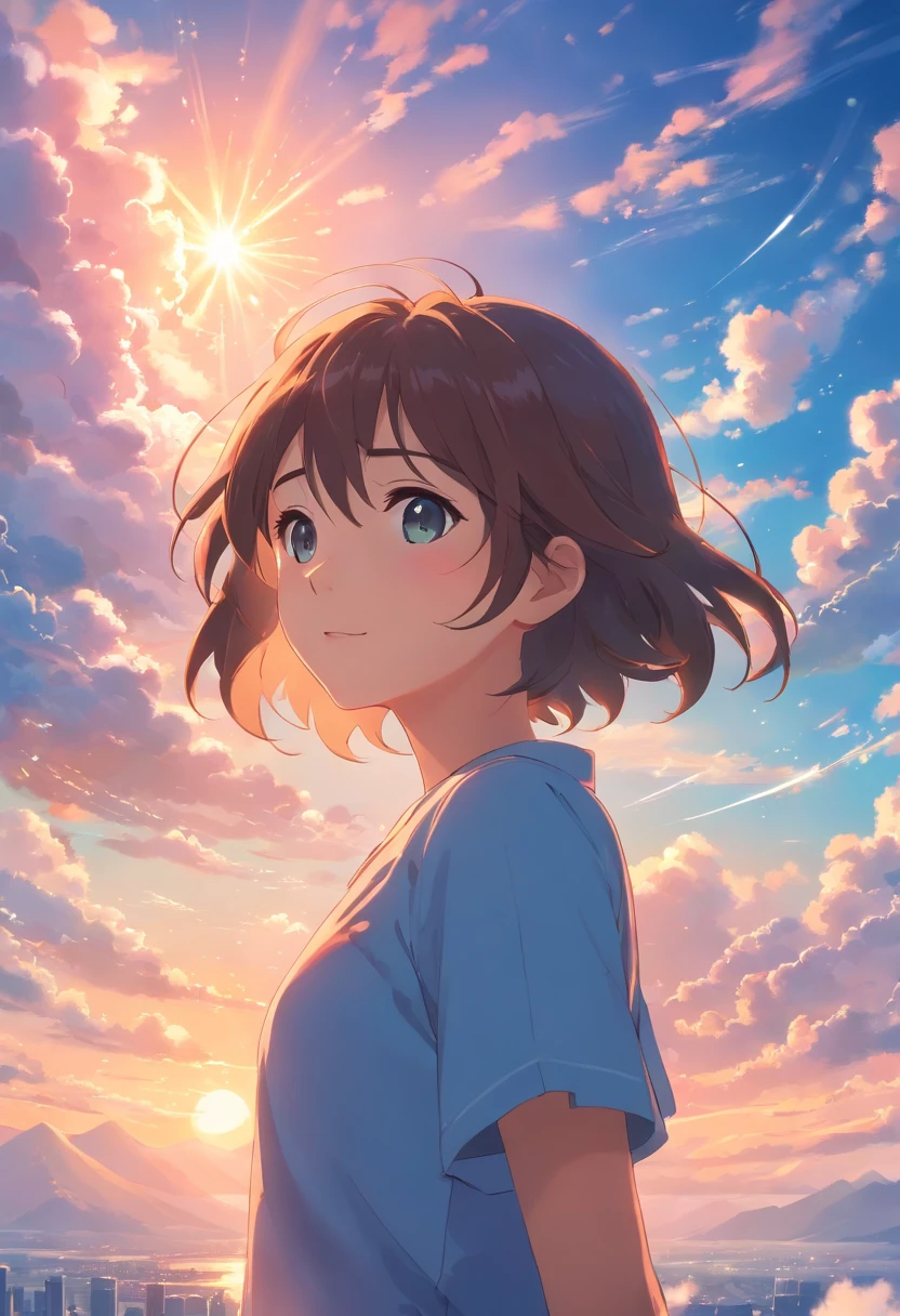 masterpiece, best quality, movie still, 1girl, cloud girl, floating in the sky, close-up, bright, happy, warm soft lighting, sunset, (sparks:0.7)