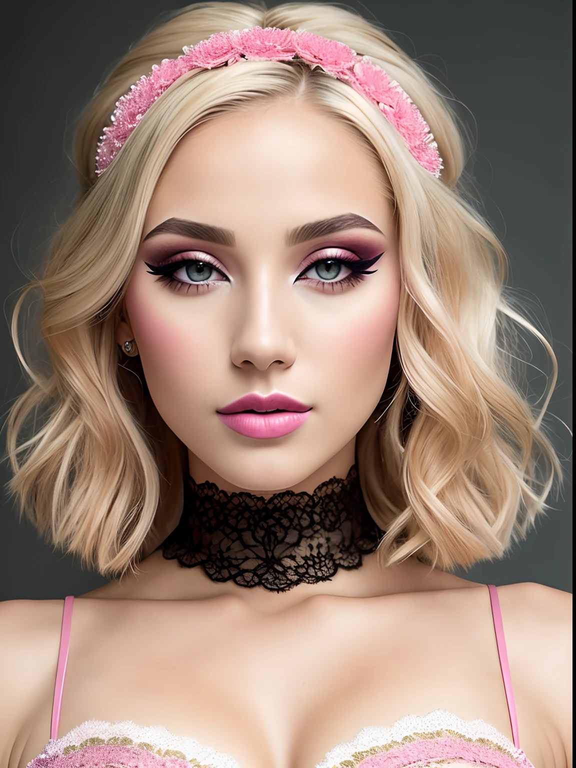 A portrait of a blonde, (makeup:1.4), amazing body, (fit body:1.2), lace outfit, highly detailed fur, natural skin texture, 4k textures, detailed belly, Highly detailed perfect smooth skin, Lightroom, Intricate, Ultra-Realistic, Out There, (HDR:1.3), UHD, (Intricate Detail, Hyper-Detailed:1.1), Cinematic, Photoreal, (Dark Shot:1.2), Dramatic, High Contrast, (Warm Color:1.1) , muted colors, master piece, elegant, sharp focus, pink lips, hijab