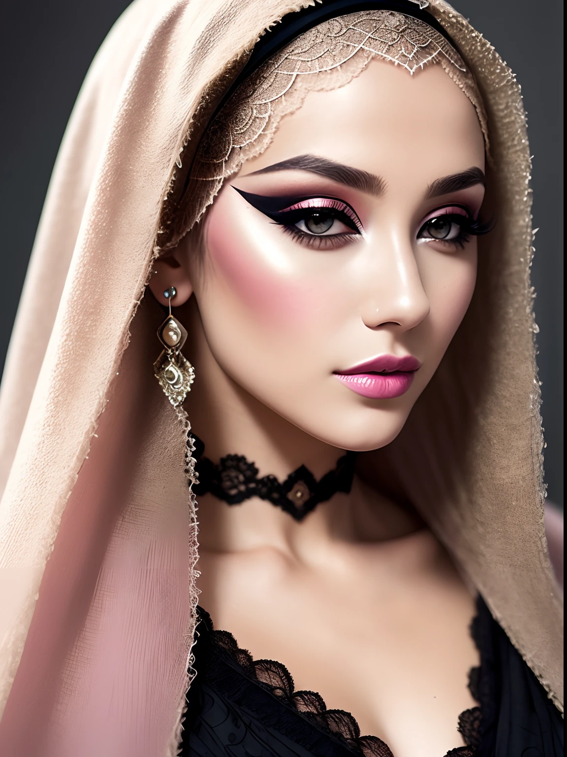 A portrait of a blonde, (makeup:1.4), amazing body, (fit body:1.2), lace outfit, highly detailed fur, natural skin texture, 4k textures, detailed belly, Highly detailed perfect smooth skin, Lightroom, Intricate, Ultra-Realistic, Out There, (HDR:1.3), UHD, (Intricate Detail, Hyper-Detailed:1.1), Cinematic, Photoreal, (Dark Shot:1.2), Dramatic, High Contrast, (Warm Color:1.1) , muted colors, master piece, elegant, sharp focus, pink lips, hijab