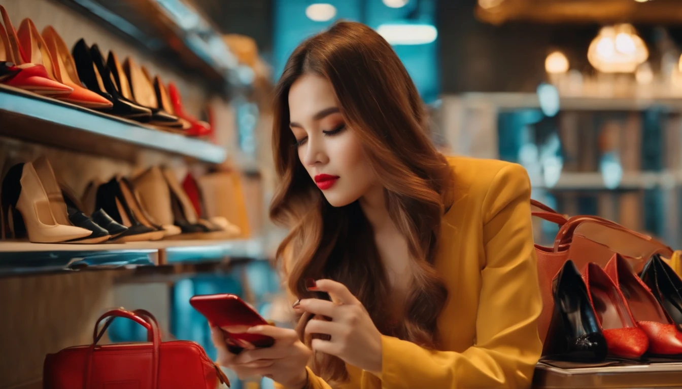 Young women taking photo to shoes with cell telephone or smartphone digital camera for post to sell online on the Internet and preparing pack product box.
