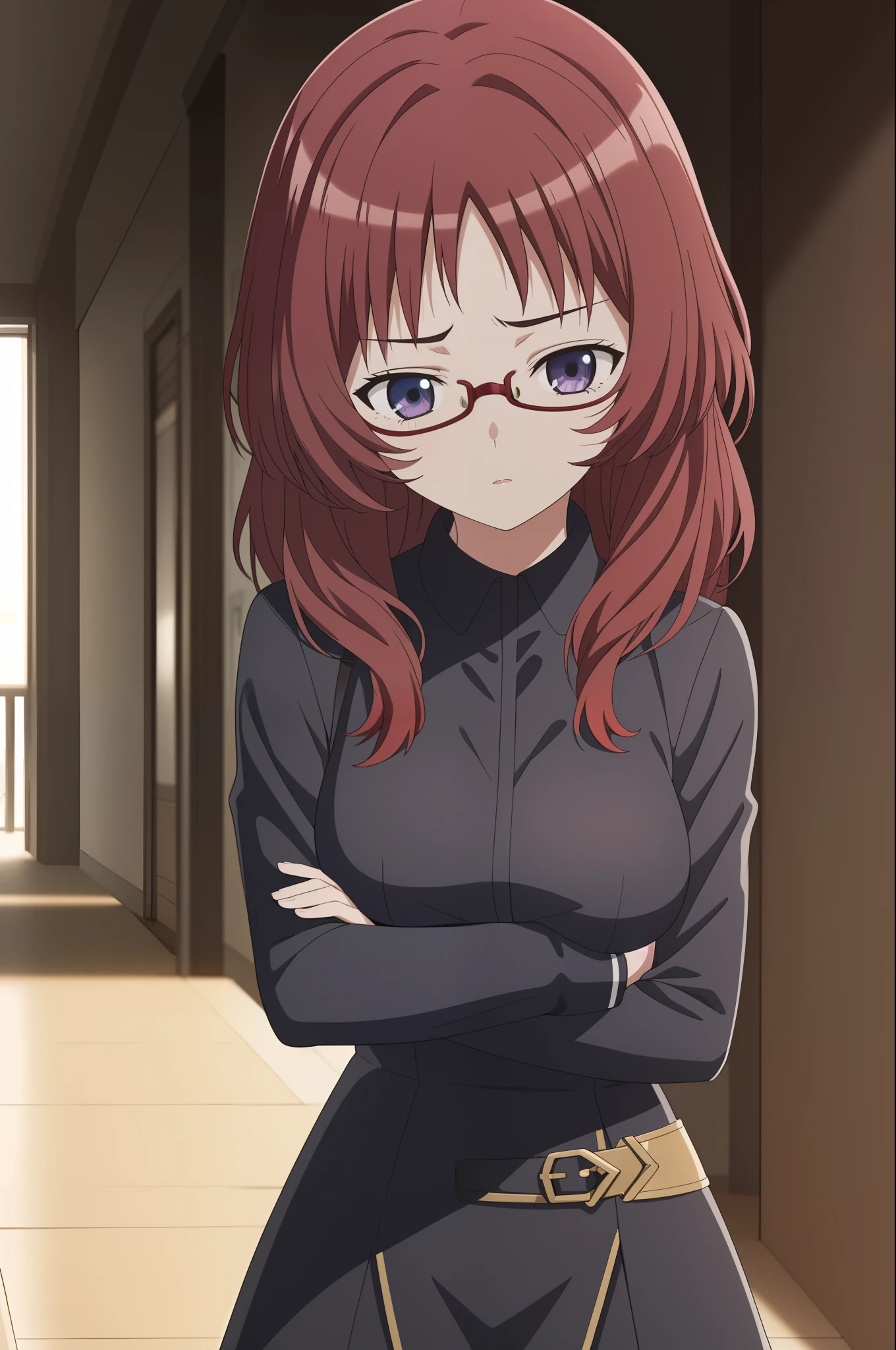 1girl, (masterpiece:1.2), highres, high quality, (perfect face and eyes:1.3), (textured skin:1.2), (solo), original, (wallpaper), mie, (short hair:1.0), (armored dress:1.1), medieval collar,yellow neckerchief, blue shirt, (purple eyes), princess uniform, red skirt, red hair, hall, desk, standing, looking at viewer, gadget, (confused:1.3), (black-framed eyewear:1.0), (mature female:0.9), (tall:0.9), (medium breast:1.2)