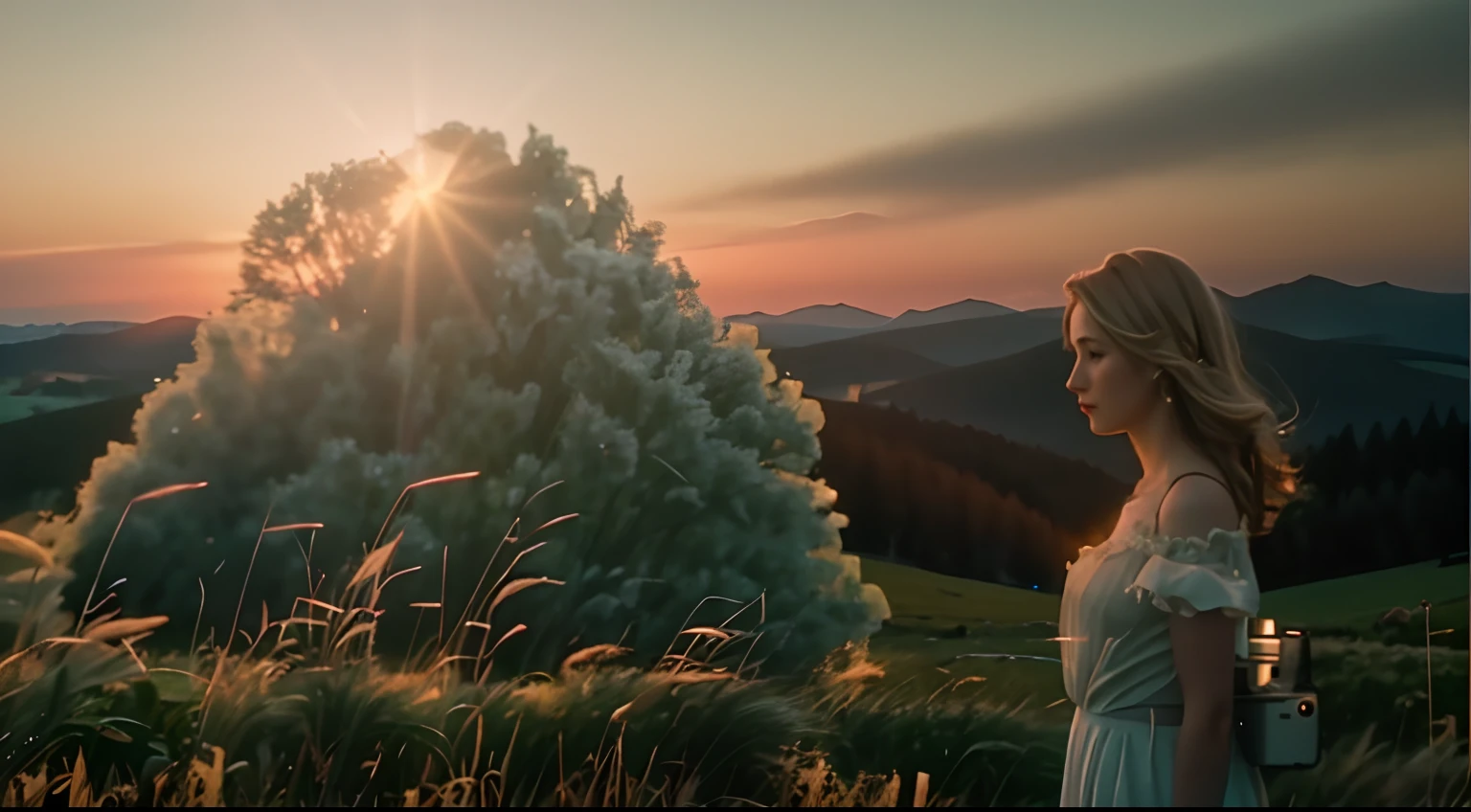 there is a woman standing in a field with a camera, a still of an ethereal, wide film still, high resolution film still, 4 k film still, 8 k film still, still frame from a movie, high quality film still, still from a movie, mountain scape. film still, cinematic film still, an film still, lost in a dreamy fairy landscape