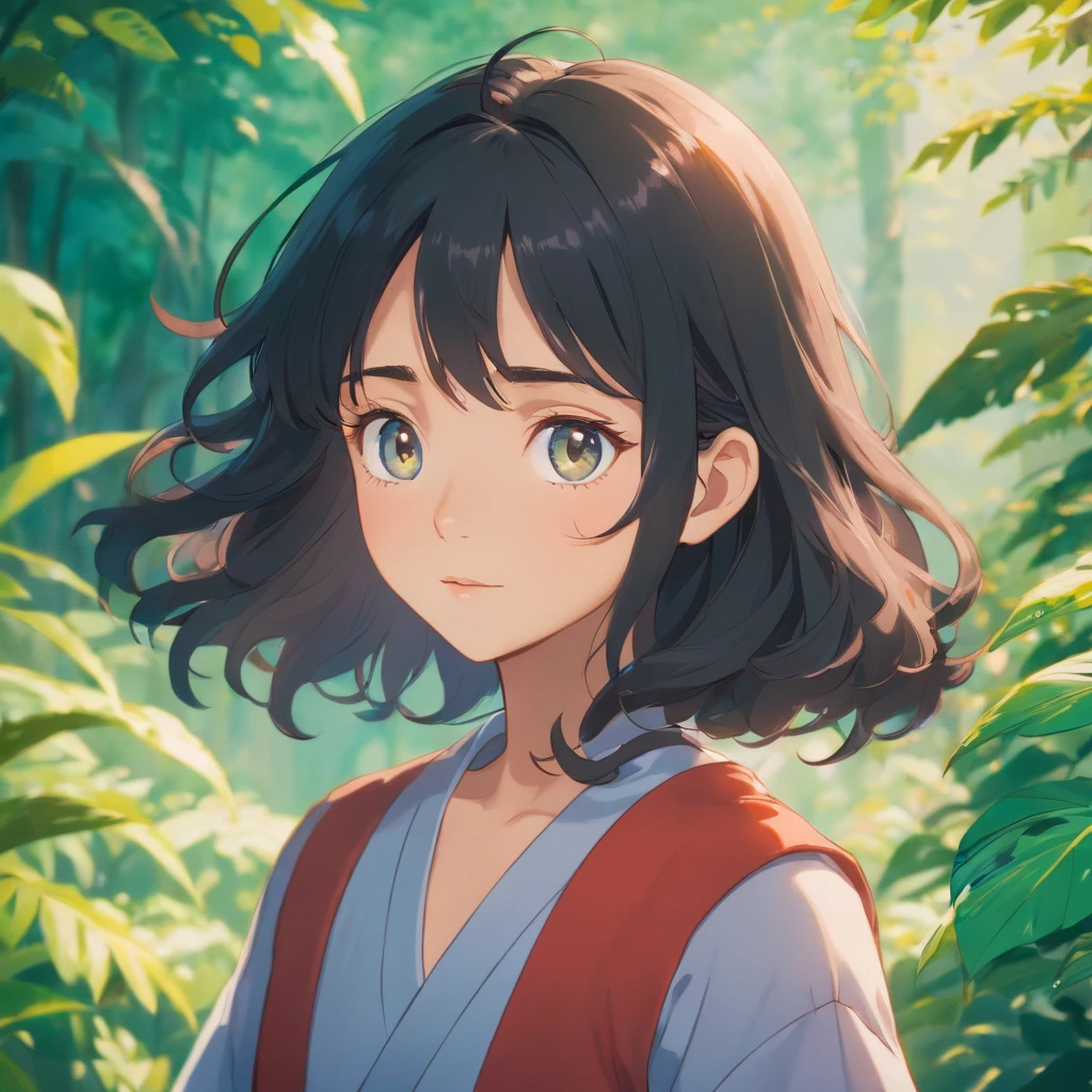 film portrait photography, 1girl, black wavy shoulder-length hair, serene, calm, (realistic detailed eyes, natural skin texture, realistic face details), soft dramatic lighting, depth of field, bokeh, vibrant details, finely detailed, hyperrealistic, 35mm film, hazy blur, filmg,