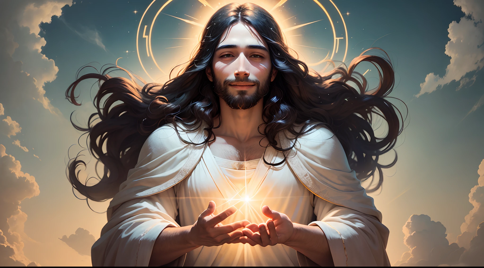 An extremely vivid and illuminated portrayal of Jesus with warm and radiant smile, wearing a white flowing robe, glimmering golden light and subtle glow softly emanating from him, surrounded by blue skies and pristine clouds, amidst gentle and peaceful ambience. --auto --s2