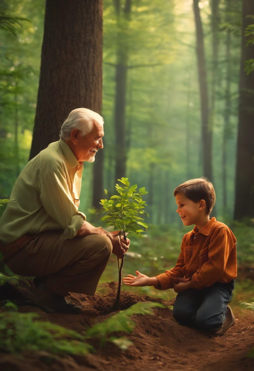 "Grandson talking with grandfather, planting a young tree in a forest, expressions of happiness, serene location."