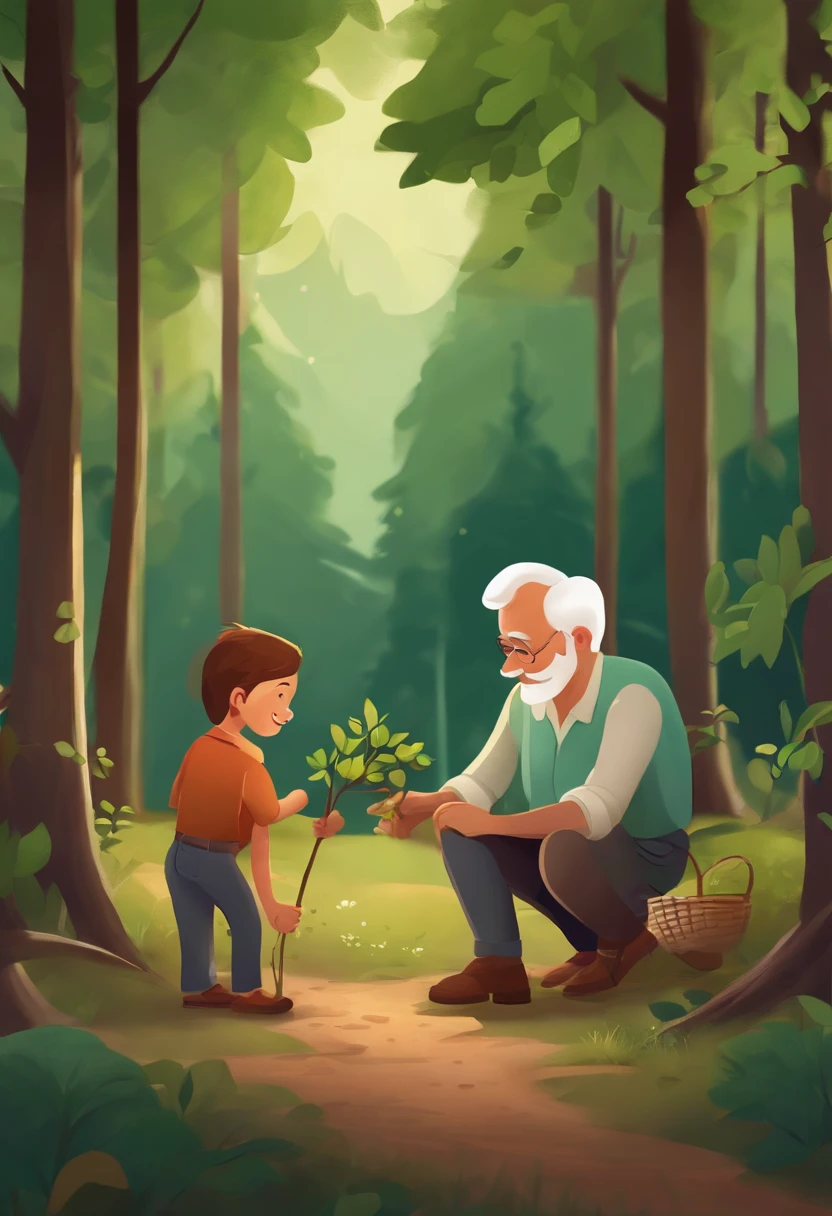 "Grandson talking with grandfather, planting a young tree in a forest, expressions of happiness, serene location."