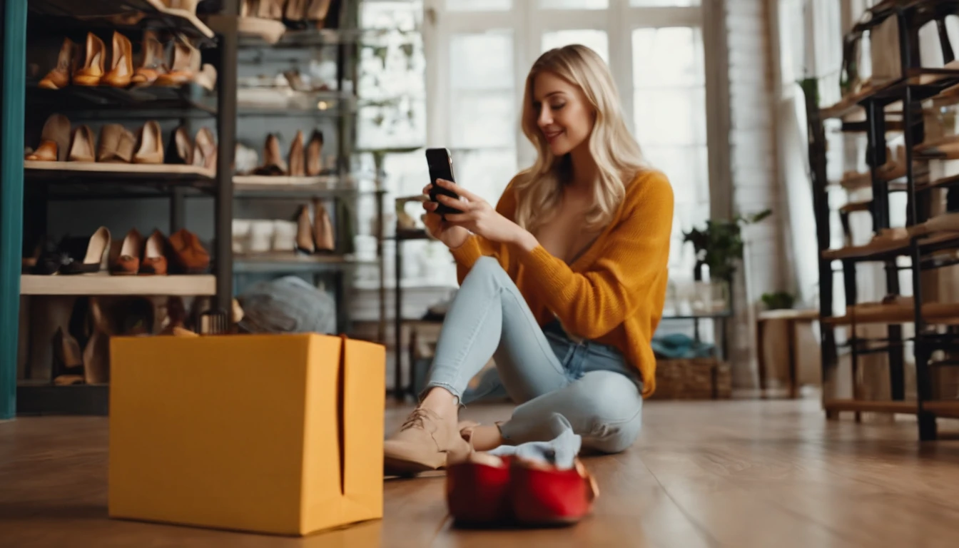 Young blonde women taking photo to shoes with cell telephone or smartphone digital camera for post to sell online on the Internet and preparing pack product box.