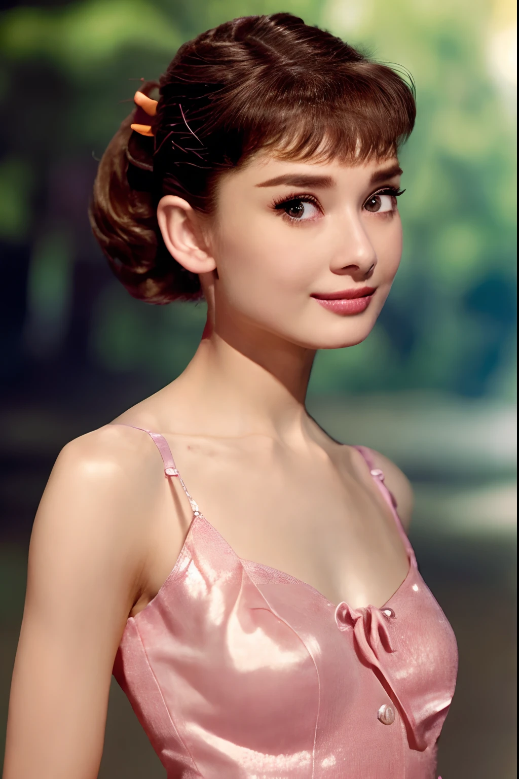 (8k, best quality, masterpiece:1.2), (realistic, photo-realistic:1.37), ultra-detailed,solo,1 girl, (skin dentation:1.2), (large breasts:1.3), (professional lighting, bokeh), (blouse:1.3), (portait:0.8), gorgeous, bloom, floating hair,(light particles, lens flare, glowing particles:0.6), (dynamic pose), specular lighting, soft lighting, head tilt, sunlight, looking at viewer, depth of field, (small head:1.43), pureerosface_v1