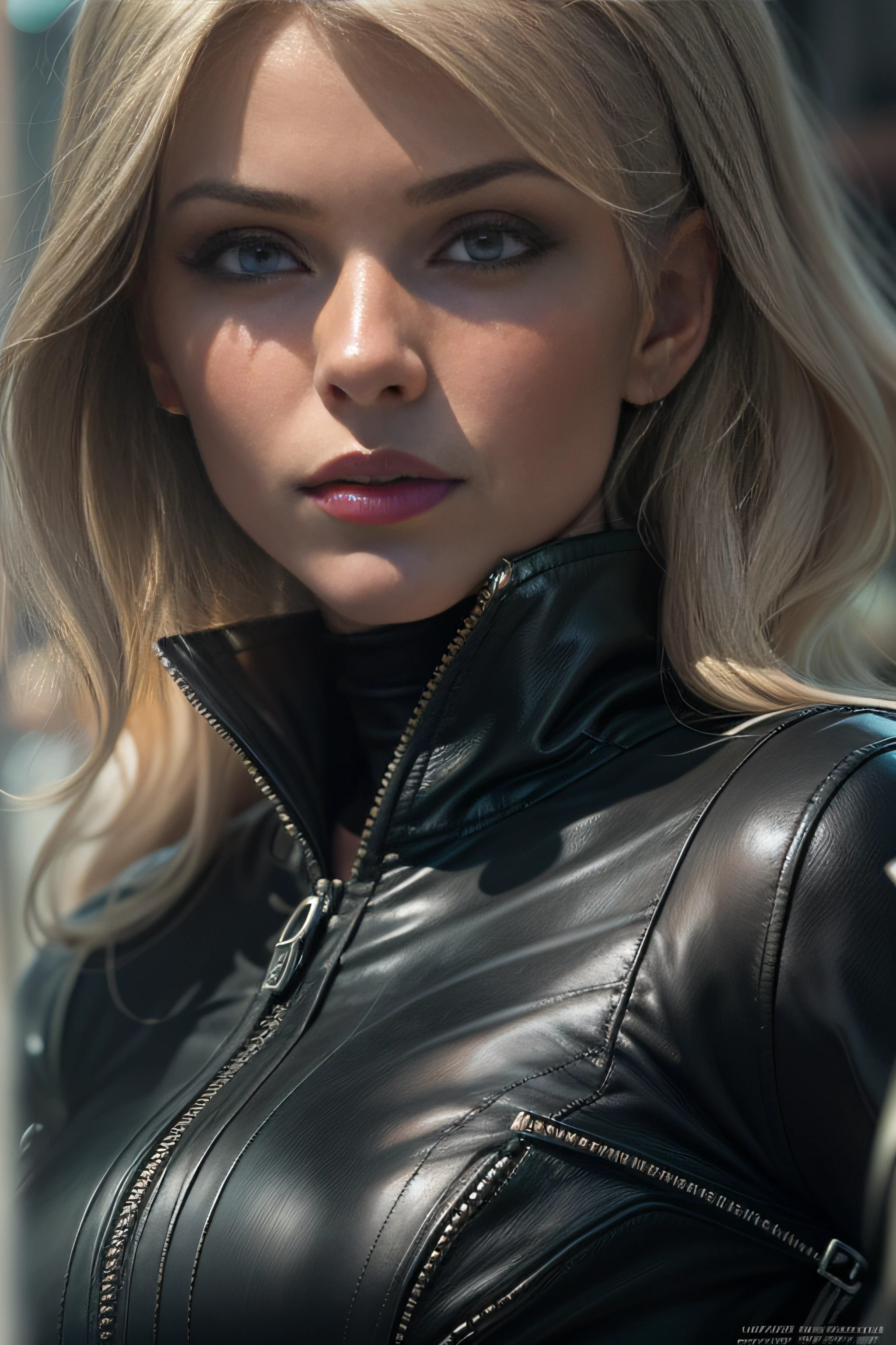 A close-up of a woman in black leather outfit, an airbrush painting by Jason Teraoka, Tendances sur Zbrush Central, photorealism, Objets de collection SideShow, Canari ????, Photo en gros plan au NYC Comicon, femme invisible, figurines sideshow, Close-up bust shot, Figure de cire, jouets chauds, Portrait en gros plan, 4 premiers chiffres, Emma Frost