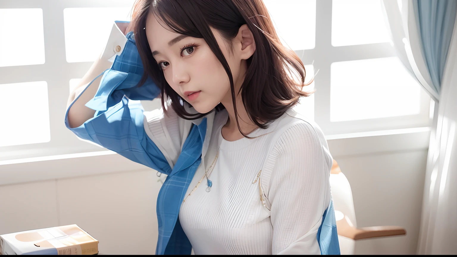 A cute girl is confined and tied up、Beauty、Make your eyes even、Hands are tied with ropes、No collar、Inside the hotel room、The upper body is a white short-sleeved long T-shirt、The lower half is light blue panties、Standing smiling、、Age 25、Medium build、Like real life、highest quality、