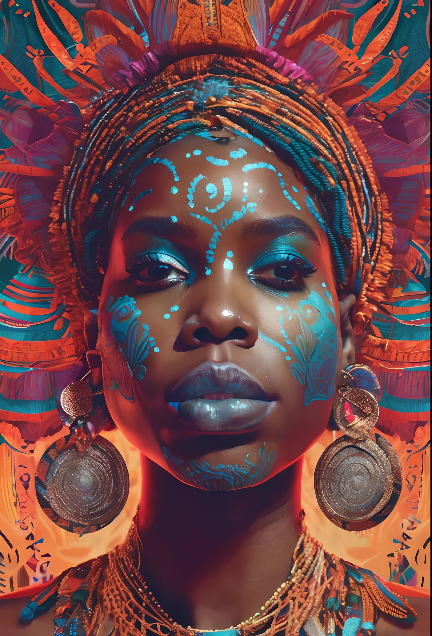 a close up of a woman with a colorful headdress and earrings, afrofuturism, afrofuturist, afrofuturism style, african woman, rossdraws | afrofuturism, african arts, futuristic himba young woman, symmetrical painted face, futuristic himba teenage girl, beautiful futuristic himba woman, african queen, afrofuturistic, african arts magazine, stunning digital illustration, african