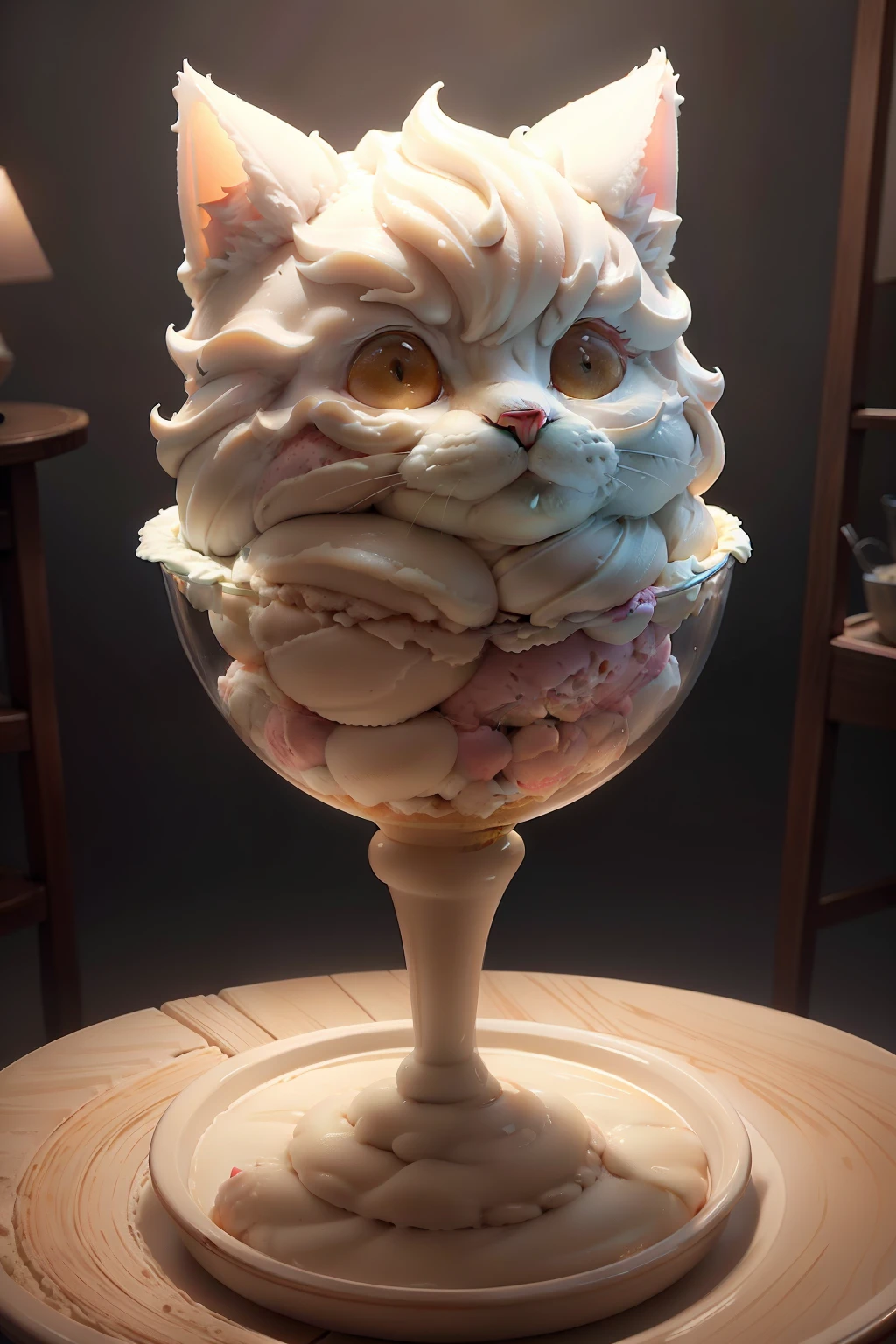 tmasterpiece,best qualityer,spotlight lights,Light effect,inverted image,icecream, Serve the ice cream in a glass,tray,spooning,Realistic and detailed images,Cat head pattern