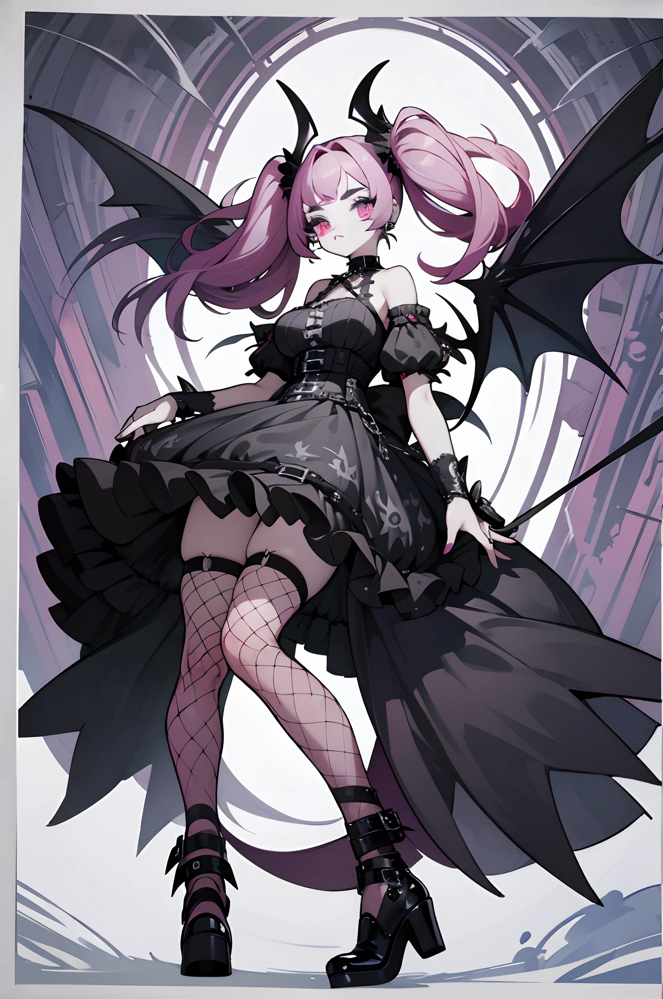masterpiece, high quality, best quality, (concept art, official art, full body), (three sided view:1.3), ((character design sheet, same character, front, side, back)), virtual youtuber, girl, deep pink hair, voluminous wavy twin-tails, blunt bangs, straight bangs, magenta slanted eyes, fangs, thick eyebrows, black nails, ((huge breasts)), black dress, bare shoulders, ((lots of piercings)), black long fingerless gloves, GothGal, (fishnet stockings, gothic print:1.25) girl in a black and white outfit, girl wearing a GothGal outfit, large boots, high heel, girl wearing a black leather garterbelt and (multiple leather straps, multiple iron chains attached to rings:1.125), ((devil wings and devil tail)), simple background, highly detailed fine art, (finely detailed beautiful eyes and detailed face), delicate depiction of facial features