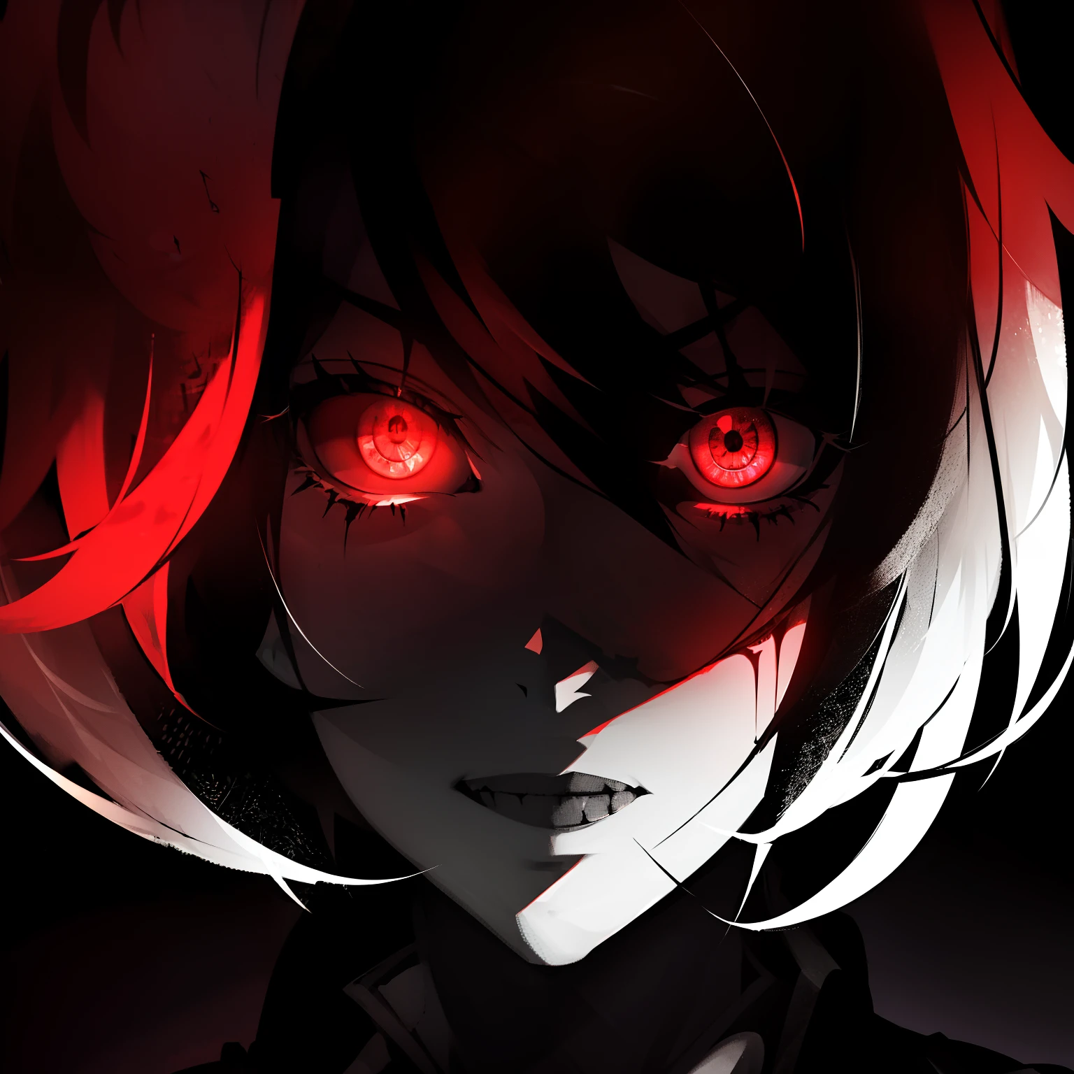 Yorha 2b,crazed mind,despair,gazing downward,black background,illustration,dark atmosphere,detailed outfit,glowing eyes,bloodstained sword,emoitional turmoil,highly detailed face,haunting expression,light and shadows,high contrast,gritty style,sharp edges,vibrant colors,intricate details