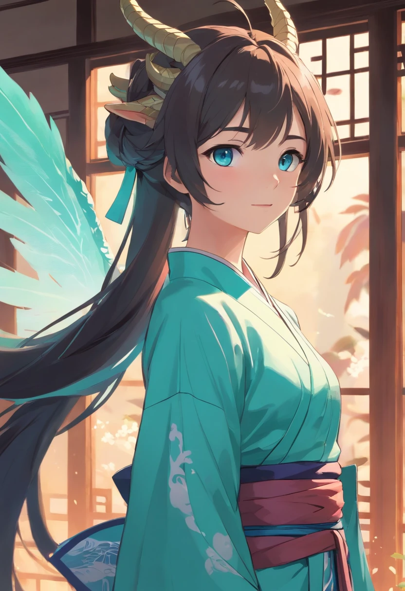 The girl of the dragon clan,Looks suave,Temperament,Just dumbfounded,Look at the person in front of you,She has clear, deep blue eyes,a baby face,Always with a gentle smile on his face,Light from the window comes in from time to time,Crashed into her turquoise dragon horns,Make the turquoise hanfu on your body more dazzling