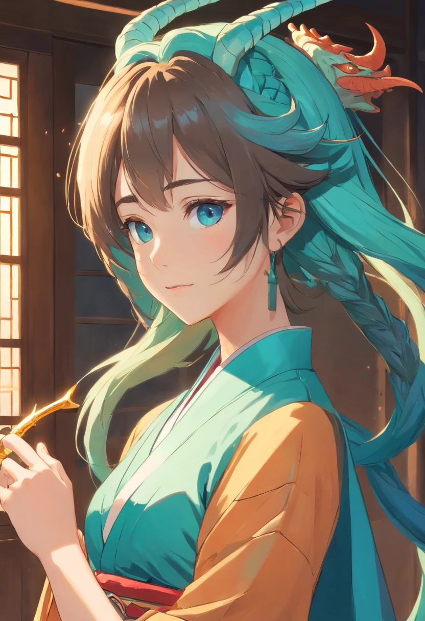 The girl of the dragon clan，Looks suave，Temperament，Just dumbfounded，Look at the person in front of you，She has clear, deep blue eyes，a baby face，Always with a gentle smile on his face，Light from the window comes in from time to time，Crashed into her turquoise dragon horns，Make the turquoise hanfu on your body more dazzling