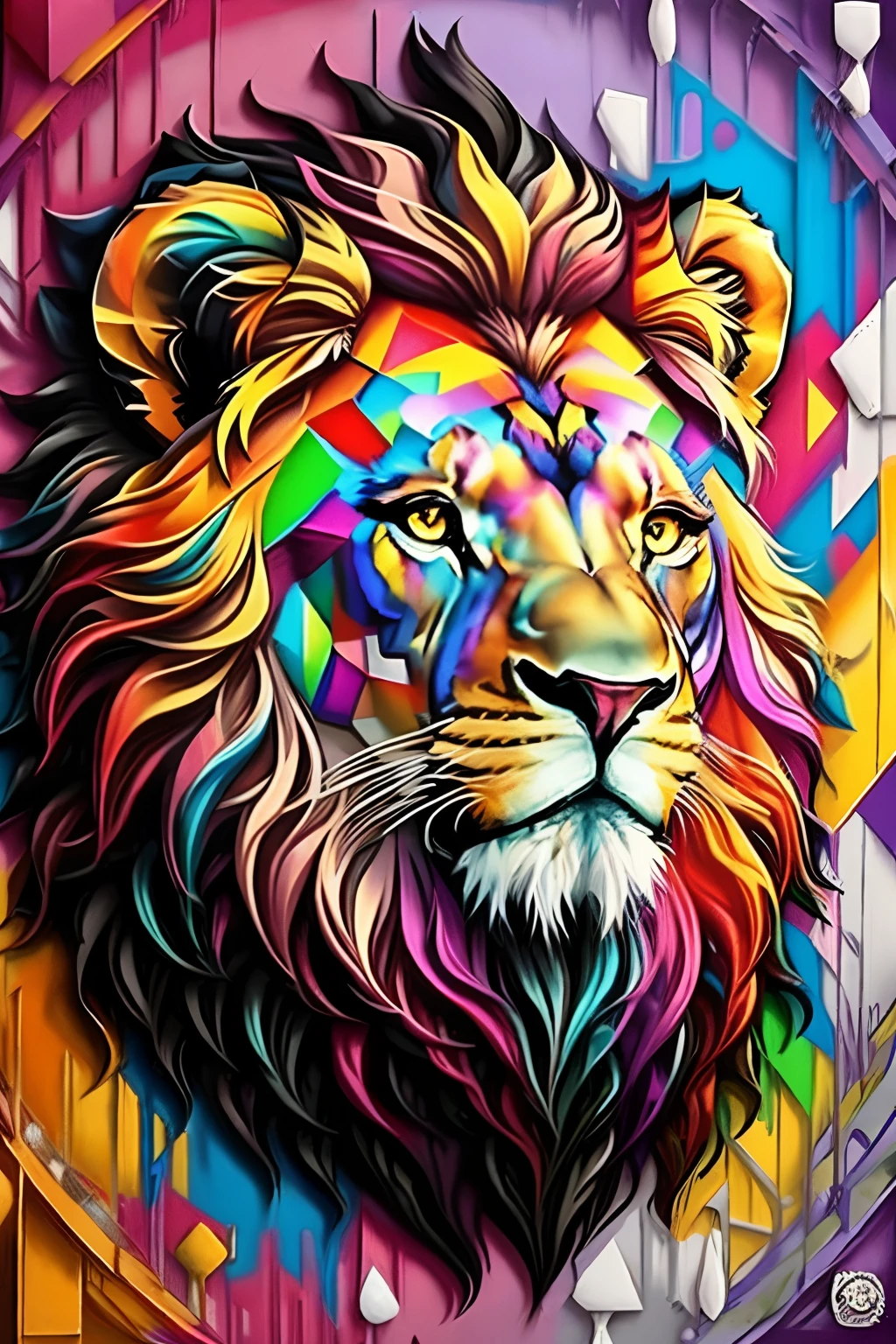 (Lion), Eduardo Kobra padding ,wall PORTRAIT geometric multidimensional, Art Book, Chibi,
yang08k, Beautiful, Colorful,
Masterpieces, of the highest quality, Best Quality, Official art, Beautiful and aesthetic,