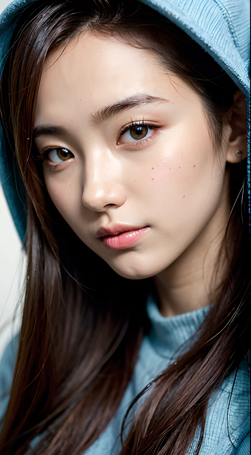 8k, best quality, masterpiece, realistic, ultra detail, photo realistic, hyper realistic, smoother lighting, increase cinematic lighting quality, realistic lighting, backlighting, brightening light, Increase quality, best quality real texture skin,
close-up, slender, cute face, smile, beautiful details eyes, 19years old korean, pretty, Drill hair with electric blue color, hood,