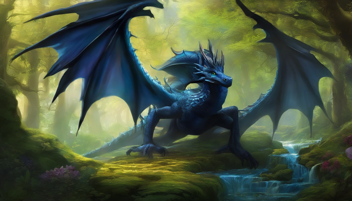 Draw a black dragon with blue eyes. Don't forget the large, elegant wings with white membranes and sharp white claws, com a ponta da cauda pontuda e branca. Make sure the dragon scales are detailed and distinct, giving it an imposing appearance, whose form is that of a more or less defined dragon. In a magical forest setting with tall, lush trees. Add details of moss and colorful flowers on the ground. Make sure the environment conveys a sense of mystery and magic.