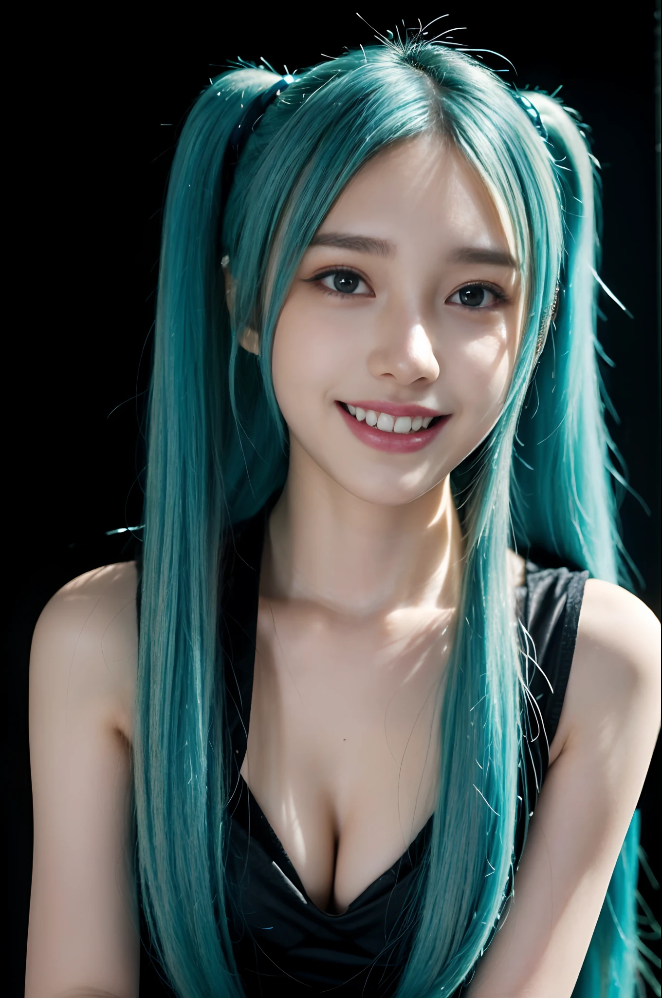 (((Hatsune Miku character))), (((Tosca hair color))), ((Long two-tailed hair with ponies)), Looking at the view, Eye of the landscape, Smile (Big smile), (Open mouth), (((Full body photo))), 21 year old girl, Perfect body, Perfect anatomy, Tosca eye color, Double eyelids, Huge breasts, Highly detailed skin texture, (Realistic skin), Ultra-detailed face, Detailed lips, Detailed eyes, Double eyelids, Nack shoes, Wet skin, Wet hair, (((Simple background))), (Front focus), (In the dark:1.6), deep dark, Surrealistic Female Portraits by David Hockney and Alphonse Mucha, Fantasy art, photograph realistic, (((Dynamic pose))), Popular model poses, ((Elegant Pose)), Dynamic lighting, art  stations, poster for, voluminetric lighting, Very detailed faces, 4 k'', In the dark, deepshadow, low tune, Cowboy shot, (((Black dress color))), Blue skirt，Illuminated dress, shift dresses, stocklings, Extremely detailed,