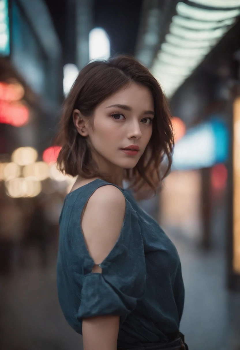 Modern simulation，Anime-style environment wide angle shooting，Nighttime chaotic arcade shots; A woman in street clothes;Sci-fi. 。.3D. Environmental arcade art.，cyber punk perssonage，Firearms
