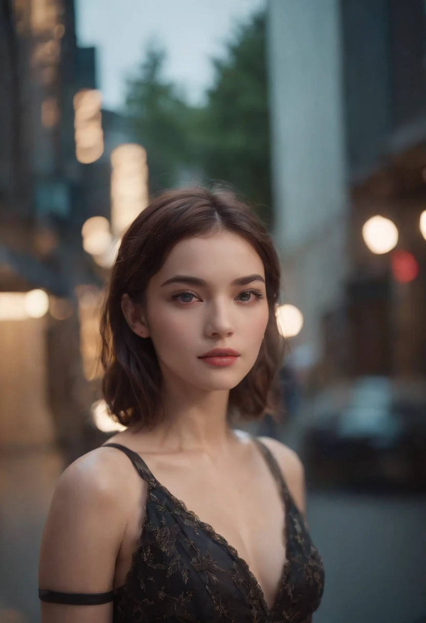 Modern simulation,Anime-style environment wide angle shooting,Nighttime chaotic arcade shots; A woman in street clothes;Sci-fi. 。.3D. Environmental arcade art.,cyber punk perssonage,Firearms