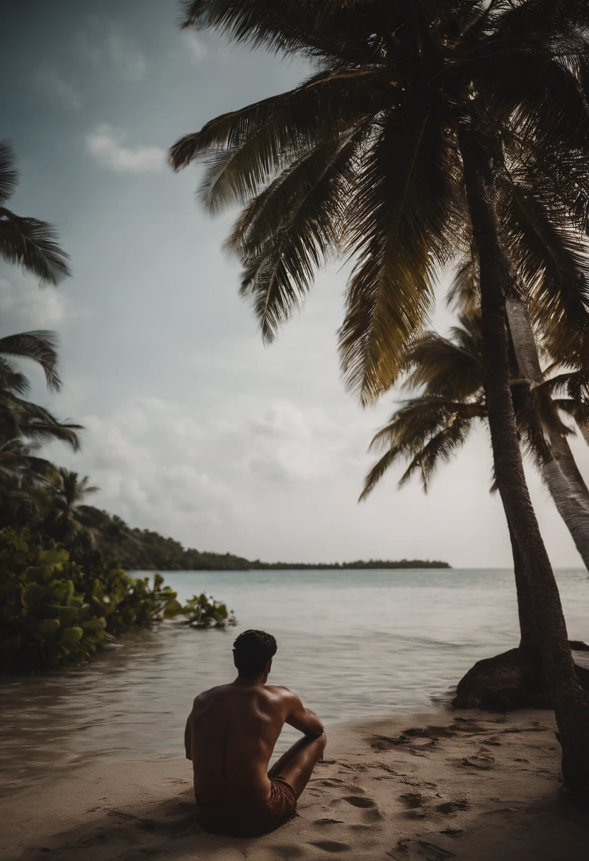 beachside, swim wears,Dead reservoir water, sandbeach, Coconut Tree, and hold your head in your hands