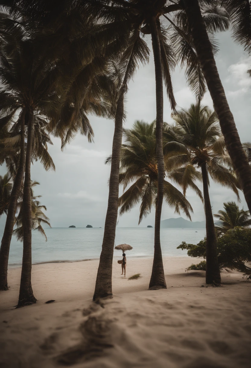 beachside, swim wears,Dead reservoir water, sandbeach, Coconut Tree, and hold your head in your hands