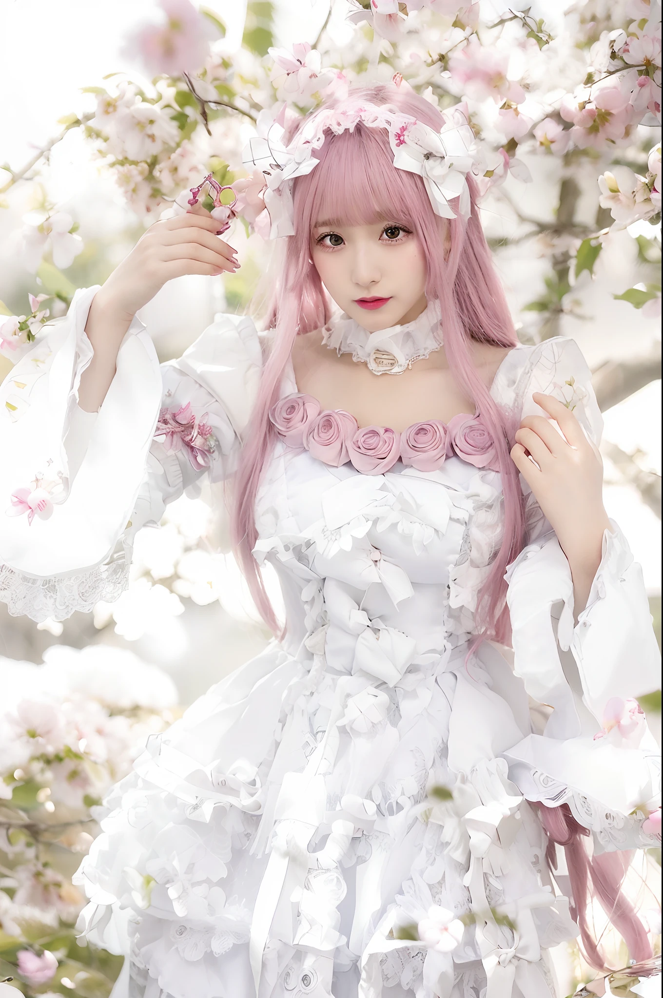 Arafe girl in white satin dress and pink hair poses for photo, Anime girl cosplay, Anime Cosplay, Belle Delphine, kinomoto sakura, ornate cosplay, Anime princess, portrait of the magical Lolita girl, Lolita Fashion, elegant glamourous cosplay, Cute anime waifu in a nice dress, fairycore, Lolita style, anime barbie in white, sakura petals around her