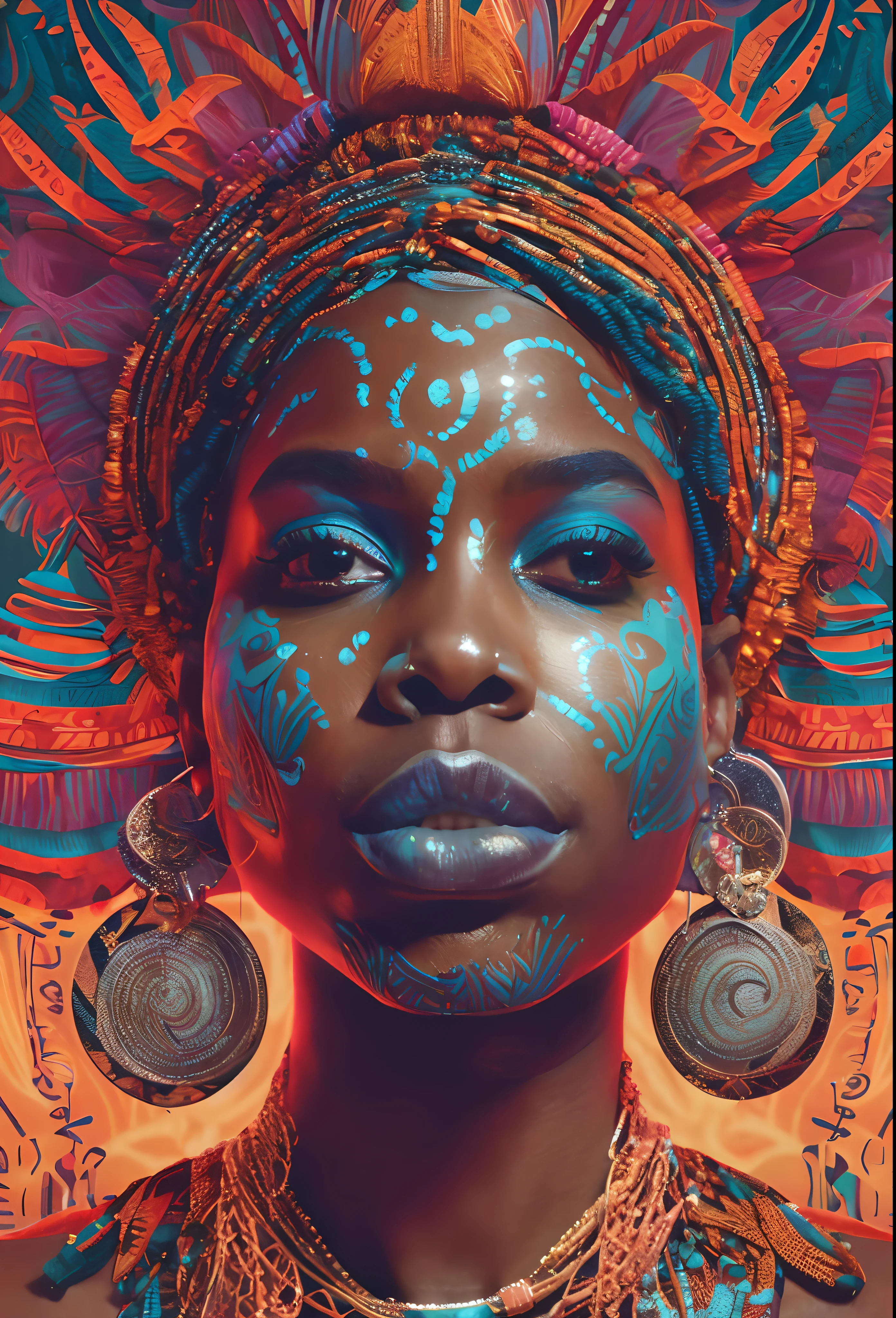a close up of a woman with a colorful headdress and earrings, afrofuturism, afrofuturist, afrofuturism style, african woman, rossdraws | afrofuturism, african arts, futuristic himba young woman, symmetrical painted face, futuristic himba teenage girl, beautiful futuristic himba woman, african queen, afrofuturistic, african arts magazine, stunning digital illustration, african