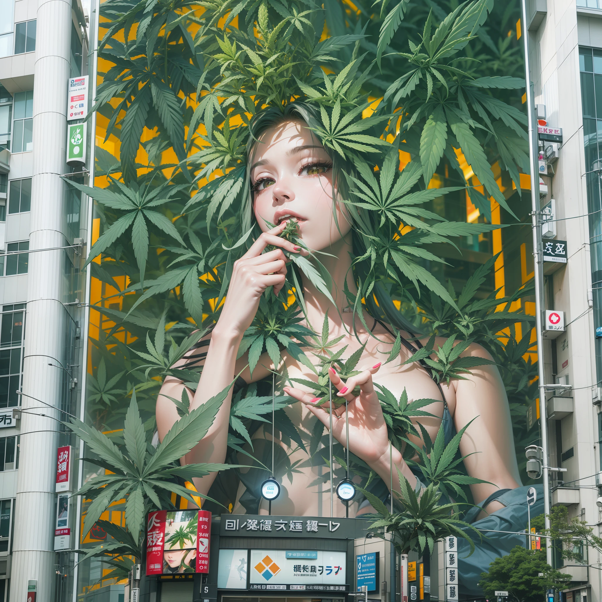 A new step for humanity, a cannabis advertisement on the LCD of a building in Shibuya, Tokyo, high resolution, high quality, innovative and comical artwork, realistic, futuristic art, CBD, beautiful women, precise fingers