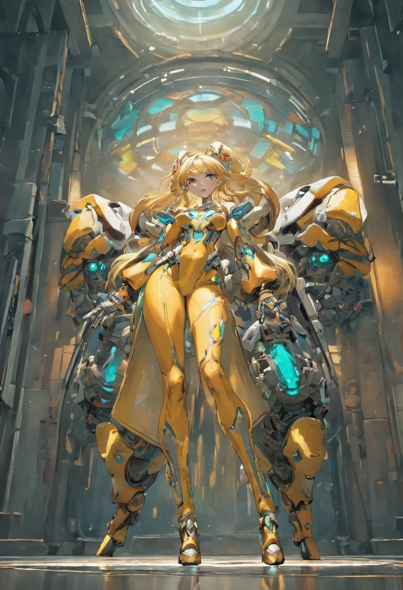 Full body concept characters Post-apocalyptic warframe mecha Tebash Albino woman Greg Rutkovsky and Norman Rockwell and Alphonse Mucha Octan render masterpiece, trending on artstationh, behans, CGSesociety, Extremely detailed, Amazing, Beautiful, Rainbow colors, High definition, World renowned, PS5