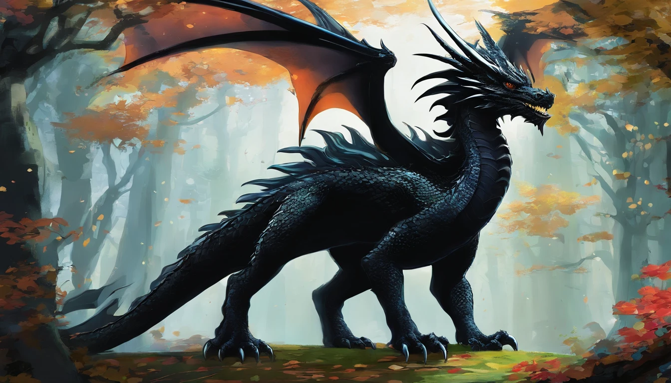 Draw a black dragon with hazy eyes. Don't forget the large, elegant wings with white membranes and sharp white claws, com a ponta da cauda pontuda e branca. Make sure the dragon scales are detailed and distinct, giving it an imposing appearance, whose form is that of a more or less defined dragon. In a magical forest setting with tall, lush trees. Add details of moss and colorful flowers on the ground. Make sure the environment conveys a sense of mystery and magic.