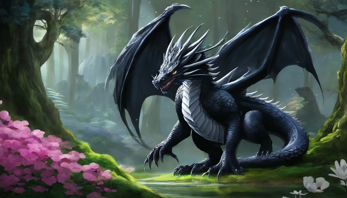 Draw a black dragon with hazy eyes. Don't forget the large, elegant wings with white membranes and sharp white claws, com a ponta da cauda pontuda e branca. Make sure the dragon scales are detailed and distinct, giving it an imposing appearance, whose form is that of a more or less defined dragon. In a magical forest setting with tall, lush trees. Add details of moss and colorful flowers on the ground. Make sure the environment conveys a sense of mystery and magic.