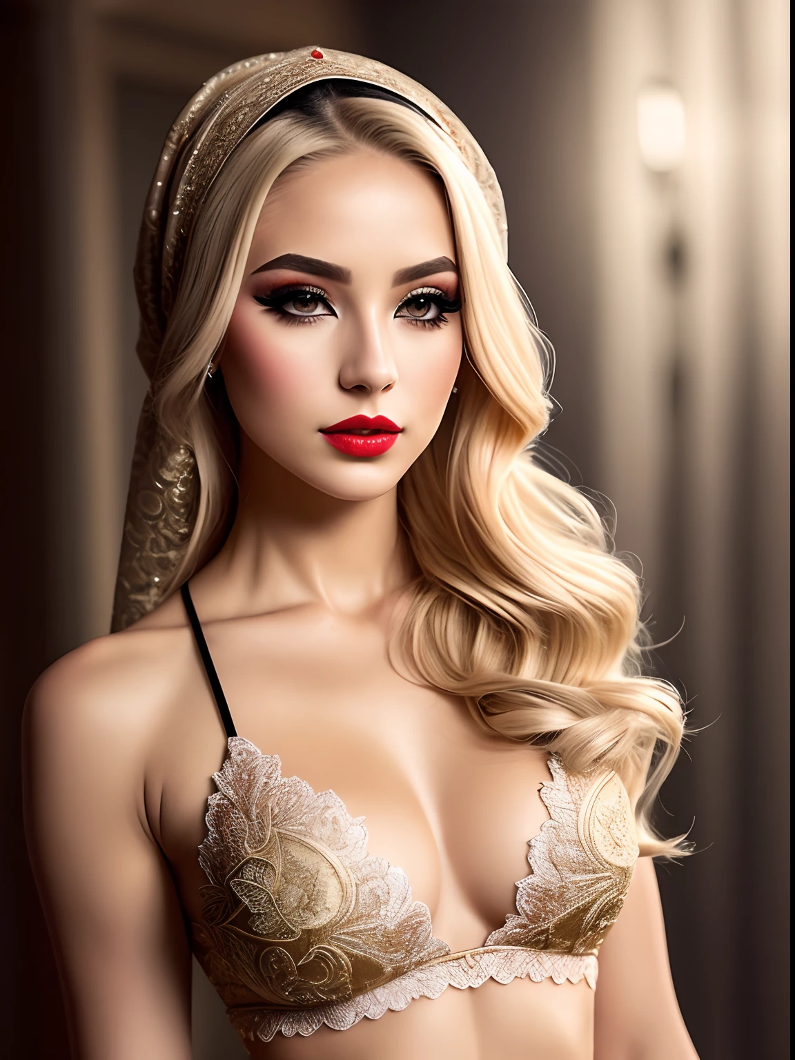 A portrait of a blonde, (makeup:1.4), amazing body, (fit body:1.2), lace outfit, highly detailed fur, natural skin texture, 4k textures, detailed belly, Highly detailed perfect smooth skin, Lightroom, Intricate, Ultra-Realistic, Out There, (HDR:1.3), UHD, (Intricate Detail, Hyper-Detailed:1.1), Cinematic, Photoreal, (Dark Shot:1.2), Dramatic, High Contrast, (Warm Color:1.1) , muted colors, master piece, elegant, sharp focus, red lips, hijab, habibi