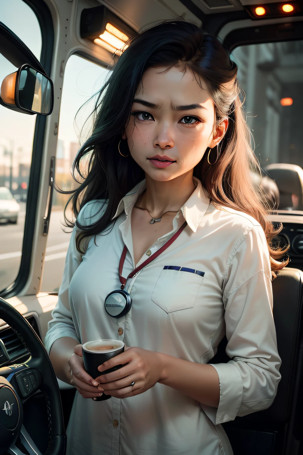 Color photo of a non-Asian woman with yellowish caramel colored eyes, Light medium caramel hair flowing around her shoulders, e uma tez bronzeada clara, Confidently driving a semi-truck. Como um estudante de medicina dedicado, She wears a stethoscope around her neck, symbol of his unwavering commitment to his studies and to the profession of healer.
Na frente dela, Scattered coffee beans create a warm and inviting atmosphere, evoking a sense of warmth and familiarity. The earthy aroma of coffee fills the air, adding a comforting touch to the scene.
The photo captures your focused and determined expression, your eyes reflecting a deep sense of purpose and passion. At the wheel of the powerful truck, She embraces the challenges and adventures that lie ahead, ready to conquer the road with grace and resilience.
This captivating color photo is a testament to his dedication, showing the harmonious blend of his academic pursuits and his adventurous spirit. The camera used is a Canon 5D Mark IV, paired with a versatile 24-70mm lens, ensuring every detail is captured accurately and clearly.
In a unique juxtaposition, Visionary directors Christopher Nolan and Wong Kar-wai collaborate with acclaimed cinematographer Emmanuel Lubezki, renowned photographer Steve McCurry, e a estilista Stella McCartney. Their distinctive artistic visions merge to create a visually stunning photo that celebrates the strength and determination of this remarkable woman.