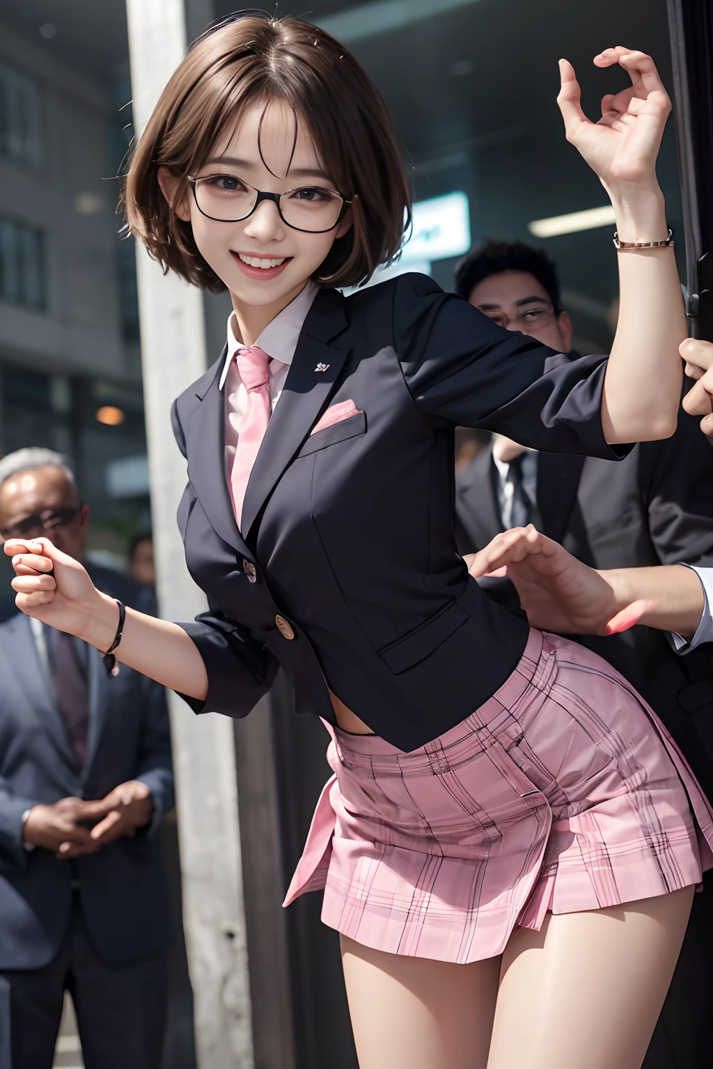 Pubic hair grows、Smile full of happiness、((()))、、、Panting face、Lacking、After being attacked、Sweating、Expression in a state of excitement、short-hair、eye glass、Business suits(Tight pink plaid mini skirt)、(((:1.3)))、