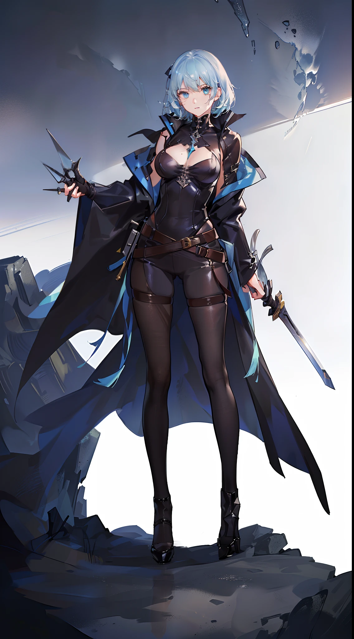 young girl, short gray hair, tomboy, Cyan eyes, Scars, Tatoo, Blue leather cloak, breeches, two swords, open breasts, Masterpiece, hiquality, 4k, HD, Good detail