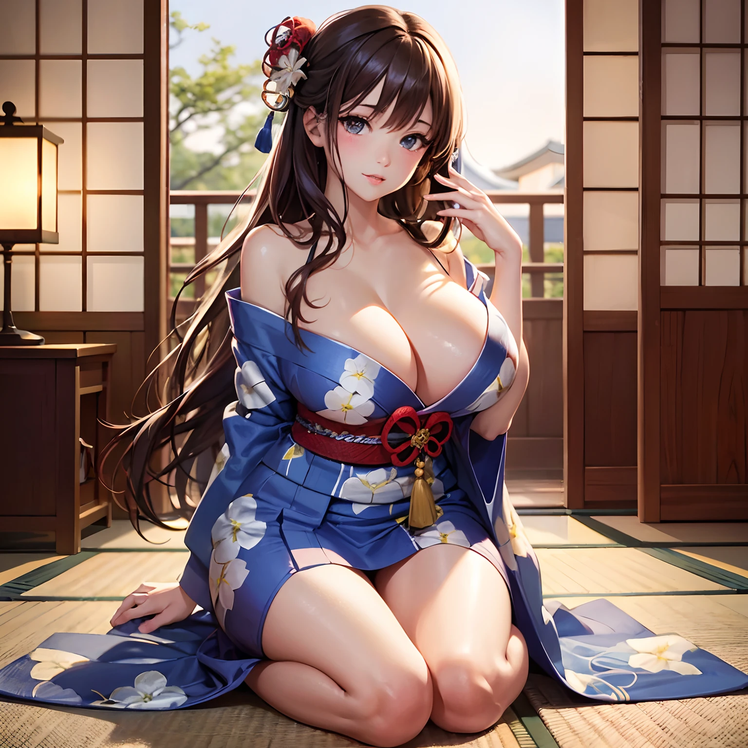 Solo, High resolution, Highest Quality, ultra-quality, Super Detail, A hyper-realistic, Photorealistic, Anime, Manga, Illustration, animification, Portrait, Hot Spring Ryokan, Open yukata, wariza, yokozuwari, super beautiful woman, Messy light brown hair with flowing layered wavy, Glossy eyes, Mysterious, Enchanting, Seductive moist half-open lip, Huge breasts, under the boobs, great proportion, perfectly proportions, slender, Full body, Indoor background at night, Japanese-style room