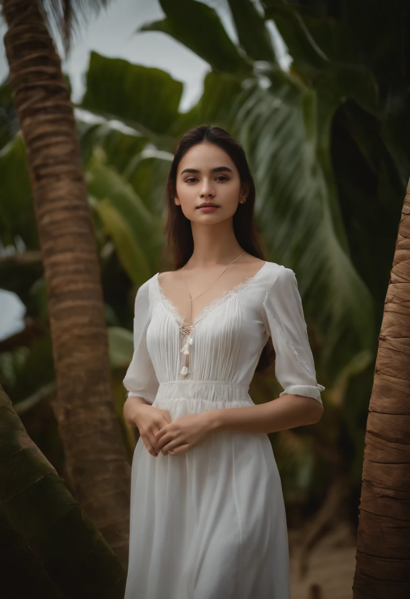 Best quality, Masterpiece, high resolution, 1girll, Porcelain dress, Hair accessories, necklace, jewelry, Beautiful face, On the body, Tyndall effect, Realistic, Dark Studio, Edge lighting, Two-tone lighting, (High detail skin: 1.2), 8K UHD, Digital SLR, Soft light, High quality, volumettic light, candid, Photo, high resolution, 4K, 8K, Background blur,beachside, schoolgirls,swim wears,Dead reservoir water, sandbeach, Coconut Tree, and hold your head in your hands
