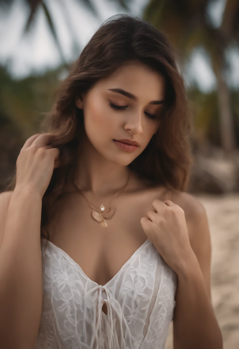 Best quality, Masterpiece, high resolution, 1girll, Porcelain dress, Hair accessories, necklace, jewelry, Beautiful face, On the body, Tyndall effect, Realistic, Dark Studio, Edge lighting, Two-tone lighting, (High detail skin: 1.2), 8K UHD, Digital SLR, Soft light, High quality, volumettic light, candid, Photo, high resolution, 4K, 8K, Background blur,beachside, schoolgirls,swim wears,Dead reservoir water, sandbeach, Coconut Tree, and hold your head in your hands