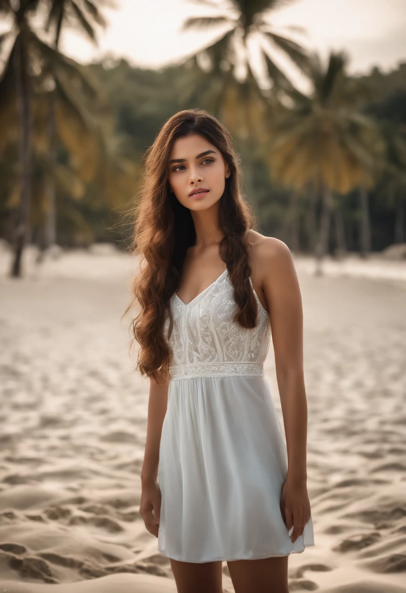 Best quality, Masterpiece, high resolution, 1girll, Porcelain dress, Hair accessories, necklace, jewelry, Beautiful face, On the body, Tyndall effect, Realistic, Dark Studio, Edge lighting, Two-tone lighting, (High detail skin: 1.2), 8K  UHD, Digital SLR, Soft light, High quality, volumettic light, candid, Photo, high resolution, 4K, 8K, Background blur,beachside, girls，swim wears，Dead reservoir water, sandbeach, Coconut Tree, and hold your head in your hands