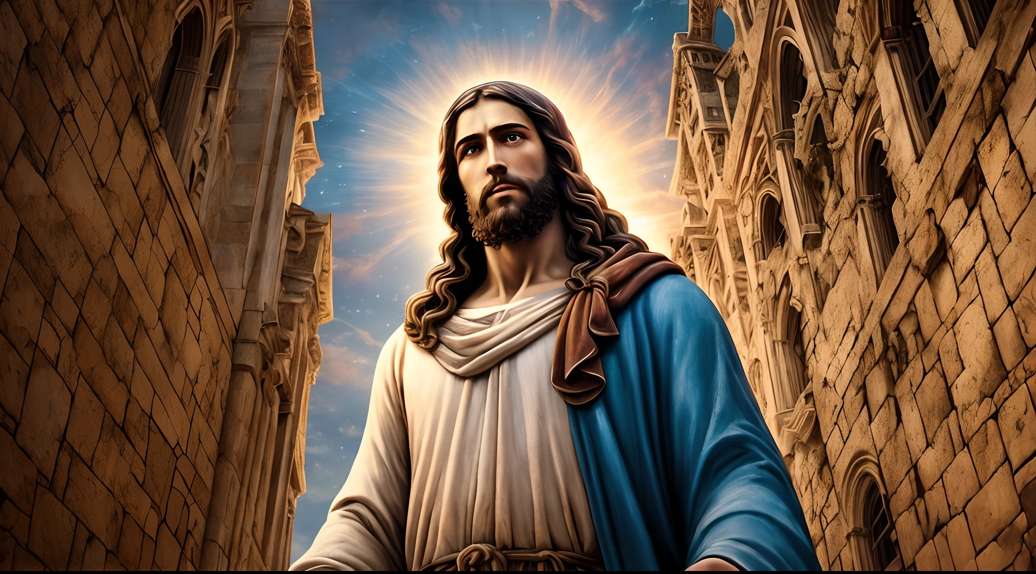 JESUS CHRIST with Two Disciples in Jerusalem Photo Dark: Epic Realistic, Soft Cinematic Portrait, Adobe Lightroom, Photo Lab, Highly Detailed, Faded, Art by Greg Rutkowski and Artgerm ,Neutral Colors: 1.2), (HDR: 1.4) , (soft colors:1.2), hyperdetailed, (artstation:1.4), cinematic, warm lights, dramatic light, (intricate detail:1.1), complex background, (rutkowski:0.66), (blue and orange:0.4) --auto --s2