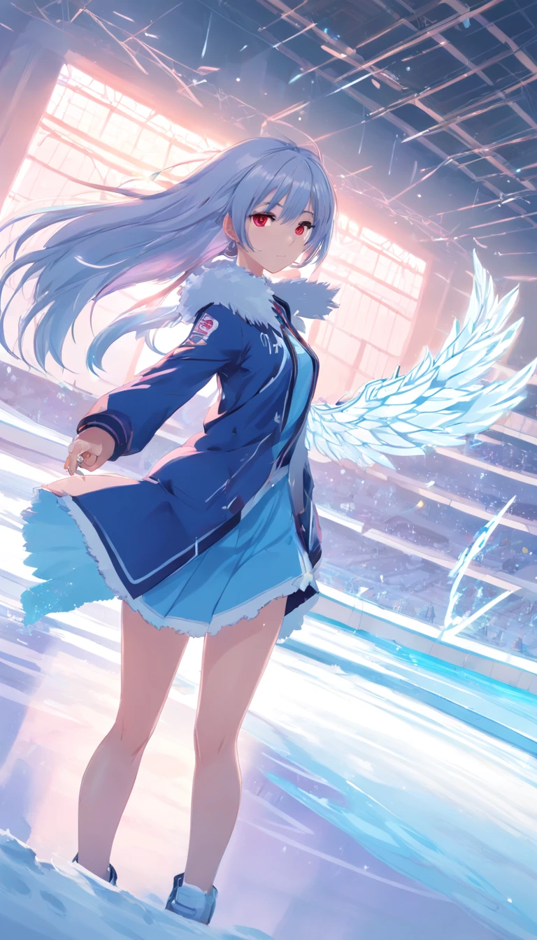 (Masterpiece:1.5),(best qualtiy),highly detailed,Ultra-detailed,1girll,a beauty girl,stare,Red eyes,(Beautiful detailed eyes:1.2),(Long hair:0.8),(White hair:Silver_Hair:0.5),(Wing-like bangs:ahoge),Dull hair,(Medium chest: C cup:0.7),Hair rings,Braid,Cold,Anime figure skating on ice in large indoor arena, Ross Tran style, trending on artstation pixiv, Guweiz in Pixiv ArtStation, Guweiz on ArtStation Pixiv, author:ross tran, Digital art on Pixiv, In the style of Ross Tran, Ross Tran 8 K, Smooth anime CG art, ross tran. scenery background