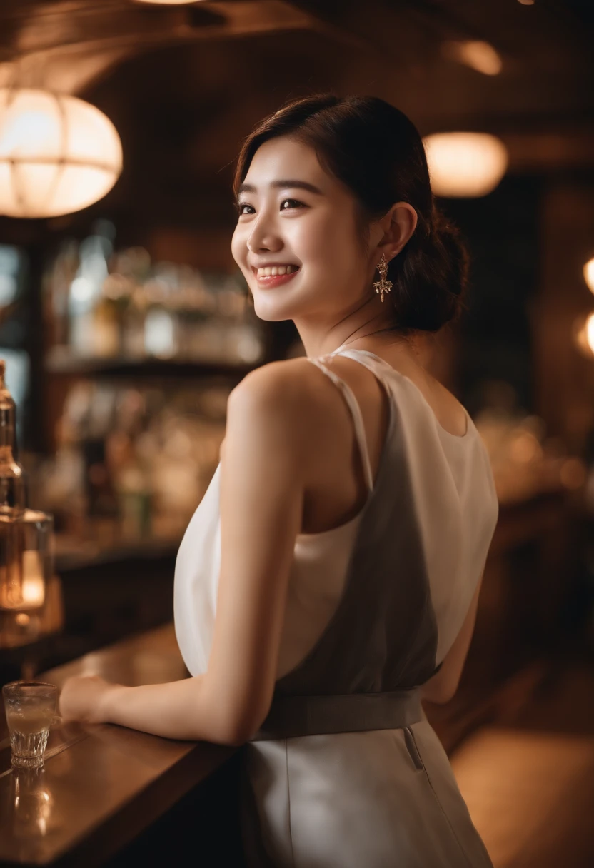 Generate a photo of a Japan woman around 20 years old working at a girls' bar counter。She was standing inside the counter.、I am wearing a classy tank top dress。In her ears there are small earrings。Her hair is long、Makes a lively impression。She is smiling and serving customers.、Has a bright and attractive look。The atmosphere inside the counter and the details of the bar are depicted、Make sure you can feel the characteristic atmosphere of the girls' bar。Generate photos that will enhance her charm and confidence。