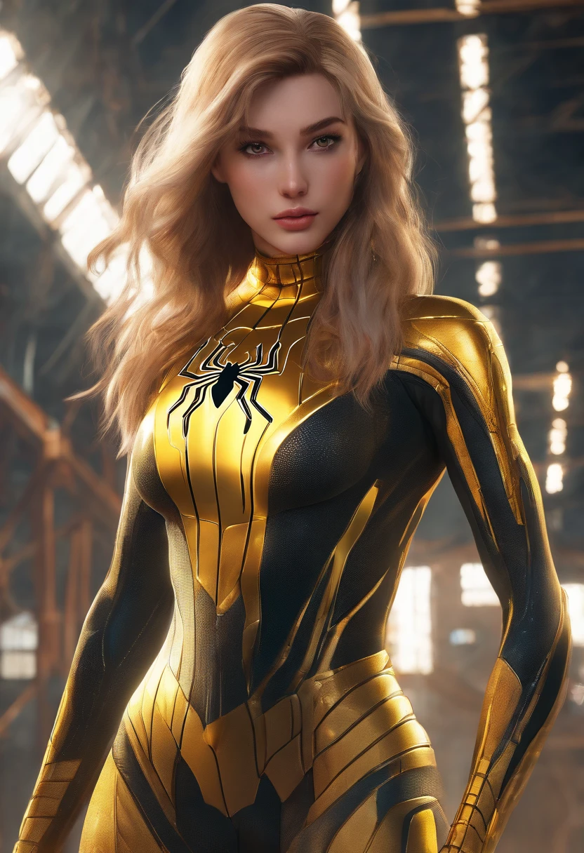 (1girl:1.3), solo, __body-parts__, official art, unified 8k wallpaper, super detailed, beautiful and aesthetic, beautiful, masterpiece, best quality, raw, masterpiece, super fine photo, best quality, super high resolution, photorealistic realism, sunlight, full body portrait, amazing beauty,dynamic pose, delicate face, vibrant eyes, (from the front), she is wearing a black Spider-man suit, gold and black color scheme, spider, very detailed abandoned warehouse background, Detailed face, detailed complex busy background, messy, gorgeous, milky white, highly detailed skin, realistic skin details, visible pores, sharp focus, volumetric fog, 8k uhd, DSLR, high quality, film grain, fair skin, photo realism, lomography, huge metropolis in future dystopia, seen from below, translucent,long light hair