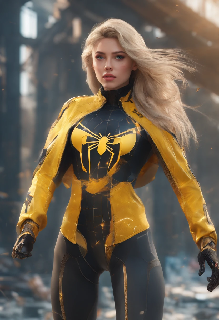 (1girl:1.3), solo, __body-parts__, official art, unified 8k wallpaper, super detailed, beautiful and aesthetic, beautiful, masterpiece, best quality, raw, masterpiece, super fine photo, best quality, super high resolution, photorealistic realism, sunlight, full body portrait, amazing beauty,dynamic pose, delicate face, vibrant eyes, (from the front), she is wearing a black Spider-man suit, gold and black color scheme, spider, very detailed abandoned warehouse background, Detailed face, detailed complex busy background, messy, gorgeous, milky white, highly detailed skin, realistic skin details, visible pores, sharp focus, volumetric fog, 8k uhd, DSLR, high quality, film grain, fair skin, photo realism, lomography, huge metropolis in future dystopia, seen from below, translucent,long light hair